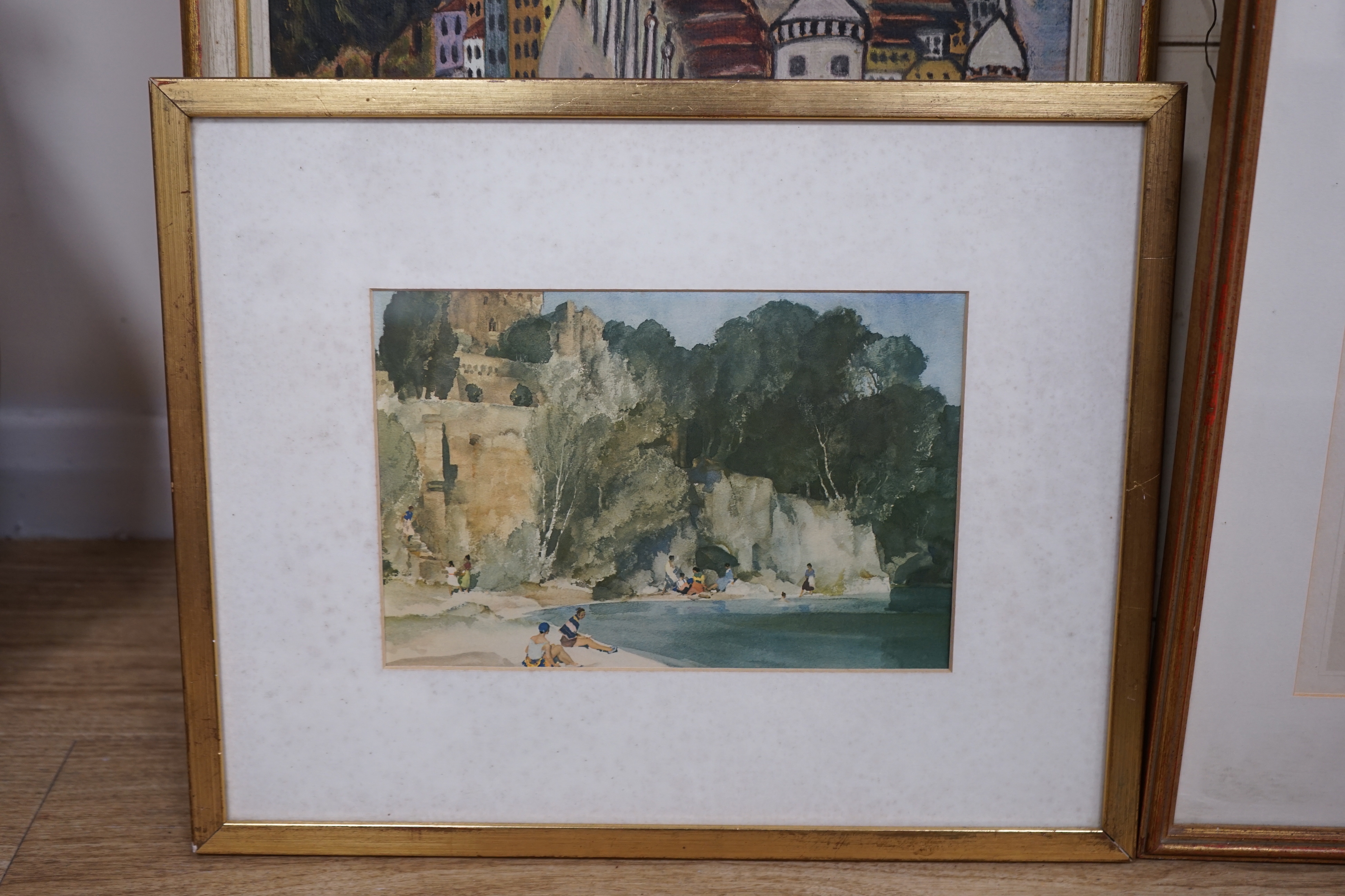 William Russell Flint (1880-1969) two colour prints, Pool below chateau and one other, one signed in pencil, gallery label verso, largest 39 x 27cm